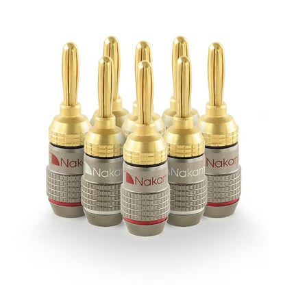Nakamichi FanLock Excel Series 24k Gold Plated Banana Plugs, 10-18 AWG | Gauge Size 4mm for Speakers Amplifier Hi-Fi Stereo Radio AV Receiver Audio Wire Cable Quick Connector, 8 Pcs (4-Pairs) - size: 8 Pcs (4-Pairs)