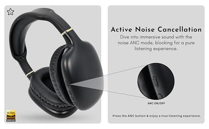 TJ Home Essentials Active Noise Cancellation Bluetooth Over Ear Headphones Leather Wireless Headset Wired Built-in MIC 24H Playtime High Res Audio Travel/Work/Students/Running/Gym(Black) - color: Black