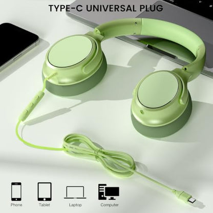 USB C Wired Over-Ear Headphones with Microphone | Volume Control, Share Port, Adjustable Headband Foldable Stereo Headset for Adult/Teens for iPhone 16, Laptop, Gaming, Travel - color: Grass Green