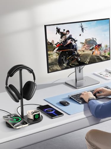 4 in 1 Headphone Stand, Airpod Max Charger Stand with 15W Wireless Charger | Headset Holder for AirPods Max 2/Pro/iWatch/Vision Pro, Charging for iPhone 17/16/15/14/13/12/11/X, Aluminum Alloy Rod, Black - color: Dark Black