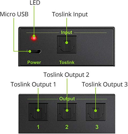 LiNKFOR 3 Port Toslink Splitter with 4pcs 6ft Optical Cable Digital Optical Audio Splitter Aluminum Alloy SPDIF Toslink Fiber Audio Splitter 1 in 3 Out Support Dolby-AC3 DTS for PS3 DVD HDTV - style: 1x3 Splitter with 4pcs Cable
