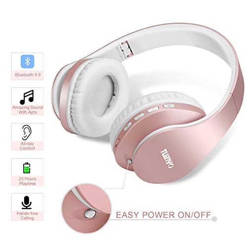 TUINYO Wireless Headphones Over Ear, Bluetooth Headphones with Microphone, Foldable Stereo Wireless Headset-Rose Gold - color: Rose Gold