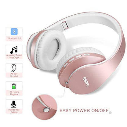 TUINYO Wireless Headphones Over Ear, Bluetooth Headphones with Microphone, Foldable Stereo Wireless Headset-Rose Gold - color: Rose Gold