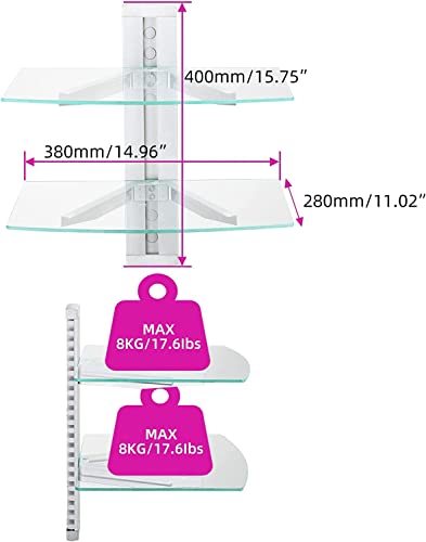suptek 2 Tiers Glass Floating Shelves, Flat Black Wall Mount Bracket, AV Shelf, Media Shelf for DVD Player / PS4 / Cable Boxes/Game Consoles/Sky Box/TV Accessories, 17.6kg Load Capacity - color: Silver 2 Tiers