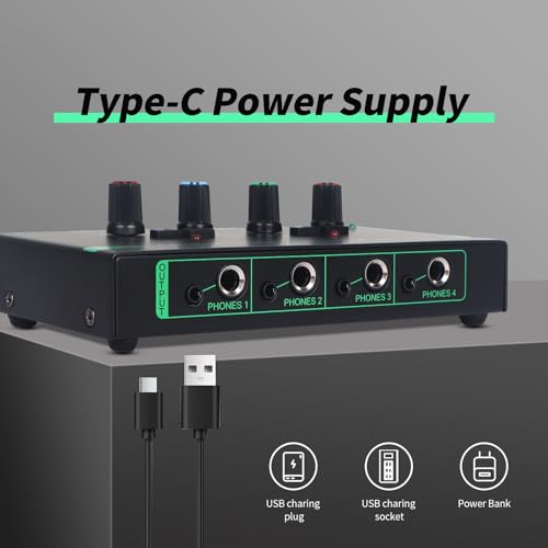 Horse Headphone Amp Amplifier, 4-Channel Metal Stereo Audio Amplifier, Mini Earphone Splitter, 1/4" 1/8" TRS/TS Audio Input and Output for Music Studio, DC 12V(Green&Black) - color: Green&Black(4-Channel)