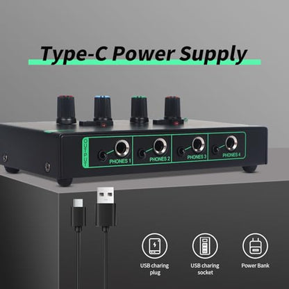 Horse Headphone Amp Amplifier, 4-Channel Metal Stereo Audio Amplifier, Mini Earphone Splitter, 1/4" 1/8" TRS/TS Audio Input and Output for Music Studio, DC 12V(Green&Black) - color: Green&Black(4-Channel)
