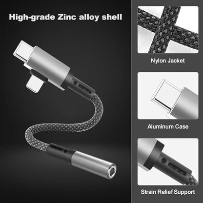 Lightning and USB C to 3.5mm Headphone Jack Adapter, USB C and Lightning to AUX Adapter (for Headphone Jack) for iPhone 16 15 14 13 Pro Max, Galaxy S24 S23 Pixel, iPad