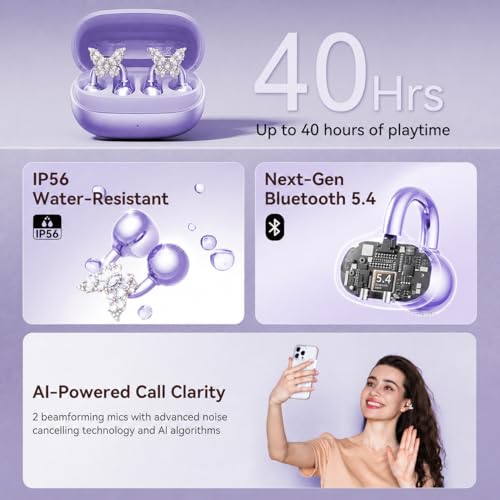 Kinglucky Gen2 Clip-On Earbuds with Butterfly Earrings, Charge & Store Without Removing Earrings, Comfortable Fit & 40H Playtime Bluetooth Open Ear Headphones for Women, Small Ears, Gifts (Purple) - color: Purple