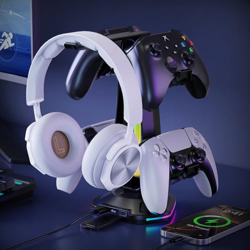 Luckit Gaming Headphones Stand, RGB Headset Stand with 12 Light Modes, Controller Holder with 2 USB Charging Ports - Supports Data Transfer, Earphone Hanger Accessories for Desktop Gamer