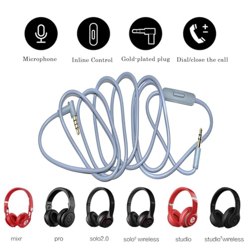Replacement Audio Cable Cord Wire with in-line Microphone and Control Compatible with Beats Headphones Solo, Studio, Pro, Detox, Wireless Headphones(Gray) - color: Gray
