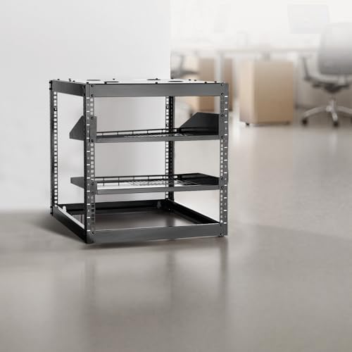 VEVOR 10U Server Rack, Open Frame Network Rack,4-Post Floor Standing or Wall Mounted, Includes 2PCS Vented 1U Rack Shelves & Mounting Hardware, Computer Wall Rack for 19" IT/AV Equipment - size: 10U Server Rack