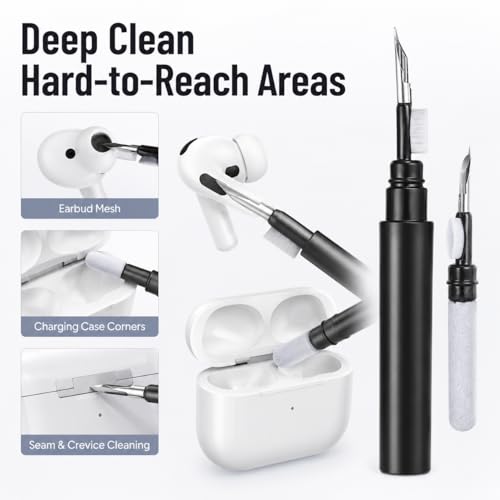 Black Multi-Functional Earbud Cleaning Pen Kit, Wireless Earphone Cleaner Tool with Storage Case, Fluff Brush & Metal Pick for Bluetooth Earbuds Charging Case, Phone Port Camera Lens Cleaning Tool - color: Black