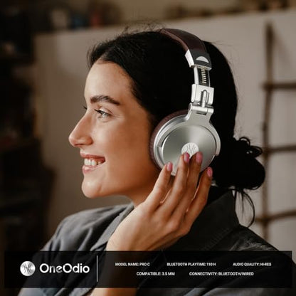 OneOdio Pro C Wired & Wireless Over-Ear Headphones, 110H, 50mm Drivers | Wired 3.5mm and wireless Bluetooth modes with 110H playtime, 50mm drivers and HD mic for PC, podcast and studio work - color: Silver