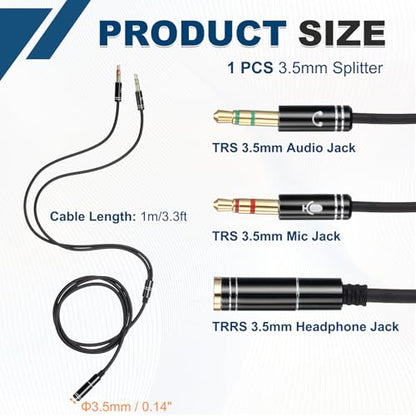 MECCANIXITY 3.5mm Splitter Female to 2 Dual 3.5mm Male Y Jack Splitter for Headphone Mic Audio PC Laptop Gaming Headsets, 3.3ft, Black - color: Black, size: 3.3ft