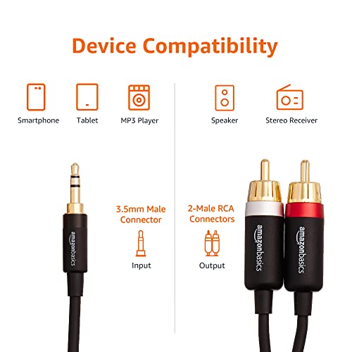 Amazon Basics 3.5mm Stereo Aux to 2 RCA Audio Cable Adapter for Sound, Connecting Amplifiers, Speakers, Smartphone, Tablet with Gold-Plated Plugs, 4 Feet/1.2 m, Black - size: 4 Feet