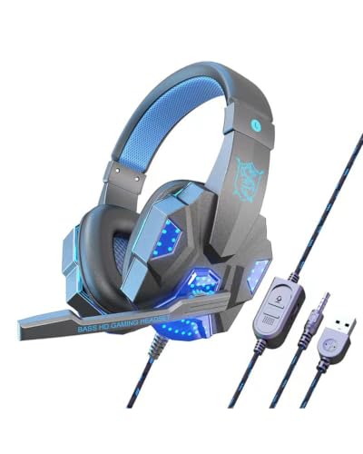 Grey Gaming Headset with Mic RGB Light, 3D Surround Sound, Noise Cancelling Over Ear for PS4 PS5 Xbox One Switch, Lightweight 40mm Driver, Breathable Earmuffs & Durable Braided Cable - color: Grey