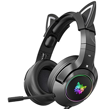 PHNIXGAM Gaming Headset - Removable Cat Ears, RGB/Retractable Mic, Black | Wired 3.5mm surround sound gaming headphone, Compatible with PC, PS4, PS5, mobile - color: Black 3.5mm