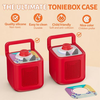 Silicone Protective Cover for Toniebox 2 Audio Player, Shockproof Anti Slip Silicone Case with Handle, Soft Easy Grip Cover, Easy to Clean Durable Sleeve (Red) - color: Red
