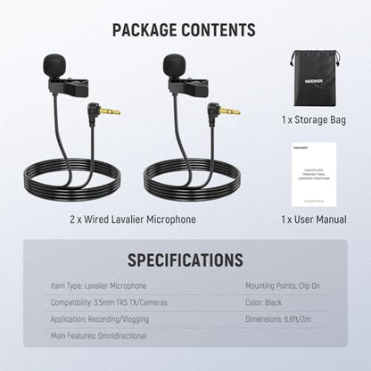 NEEWER Mini Lavalier Microphone (2 Pack), 6.6ft/2m Clip On Wired Condenser Lapel Mic with 3.5mm TRS Plug, Compatible with DJI Mic 2, Rode Wireless Go II, CM28 CM31 Camera, LM5 | Wired, Condenser, 3.5mm TRS Plug, Compatible with DJI Mic 2 Rode Wireless Go