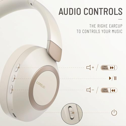 LORELEI B-C6 Wireless Over Ear Headphones, 50H Playtime Foldable Lightweight Bluetooth Headsets, Deep Bass, Built-in Microphone, Memory Foam Earmuff, for Travel, Home Office (Beige White) - color: Beige white