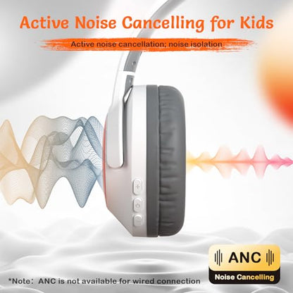 TONOSHARK Kids Bluetooth Headphones with ANC, Wireless Over-Ear Headset | for Boys and Girls, Foldable & Adjustable, Ideal for School, Travel and Online Learning (White) - color: White