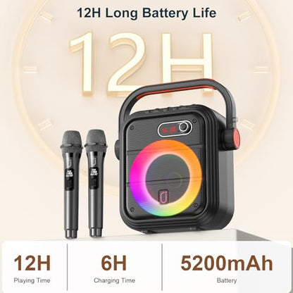 JYX Karaoke Machine with 2 Wireless Microphones, Portable Bluetooth Speaker PA System with Shoulder Strap, RGB Lights, Subwoofer Support TWS, USB, Radio, AUX, REC, Bass&Treble for Home Party/Adults - color: Glossy Black