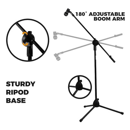 Professional Microphone Stand with Boom Arm, Adjustable Tripod Floor Mic Stand 85-187cm, Heavy Duty Metal Microphone Stand for Singing, Podcast & Studio Recording
