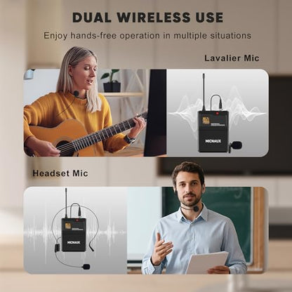 Lapel Wireless Microphone System with Headset & Lavalier Mics, Pro 8 Channel UHF Mics Set with Bodypack Transmitter & Metal Receiver, 200 Adjustable Frequency, 300ft Range for Church, Party - size: 8 Channel