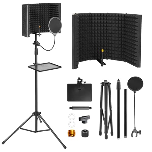 Microphone Isolation Shield, Foam Protection with Pop Filter, Tripod Stand, Foldable Design