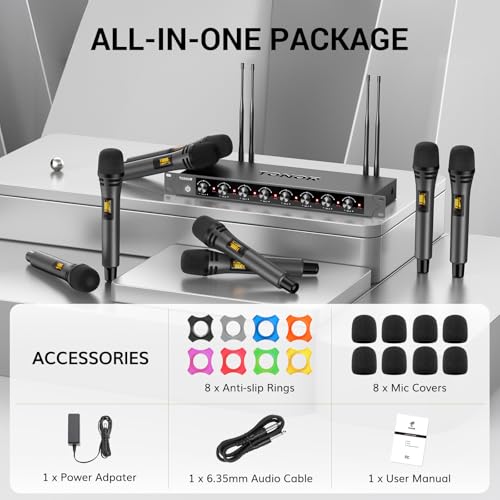 TONOR Wireless Microphones System with 8x12 Channels Cordless Handheld Microfono Inalambrico, 90 m/295FT UHF Range, Mics with Stable Signal, Quick Mute for Karaoke Singing Party Church Wedding - style: 8 Handheld Mics