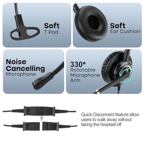 MKJ Call Center Headset with Microphone, Telephone Headset for Office Phone Corded RJ9, Wired Headphone for Landline Altigen Polycom Gigaset Avaya 1408 Aastra 6573i AudioCodes Toshiba Fanvil etc