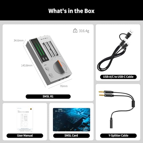 SMSL R1 DAC Headphone Amplifier, Desktop USB C Digital to Analog Audio Converter for Gaming PC PS5, Microphone/USB/Opt/Coax Input 3.5mm/4.4mm Balanced/RCA Output, EQ Mode/Bass/Treble Adjust (Silver)