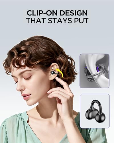 Clip on Wireless Bluetooth Earbuds, Open Ear Clip on Headphones with Mic, Waterproof, ENC Call, 40H Play, Hi-Fi Audio, All-Day Comfort, Perfect for Sports & Fitness (Black) - color: Black
