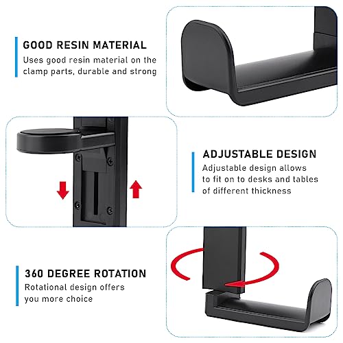 Headphone Stand, Desktop Headset Holder 360° Rotating & Adjustable Arm Clamp, Gaming Headset Hanger with 2 Data Cable Protection Ropes, for Controllers and Headphones