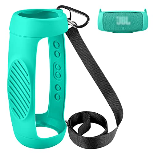 Comecase Silicone Speaker Cover for JBL Charge 5 with Strap and Carabiner | Snug Silicone Sleeve, Open-Port Design and Dual Carry Options for Travel, Camping and Daily Use, Speaker Not Included - Teal - color: Teal