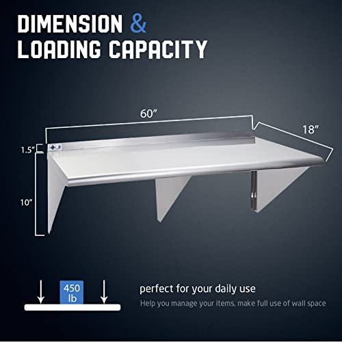 Profeeshaw NSF Stainless Steel Shelf 18” x 60”, Commercial Wall Shelving | 450 lb, Wall Mounted Metal Shelves, with Backsplash and 3 Brackets, for Restaurant, Bar, Utility Room, Kitchen and Garage - size: 18"x60"