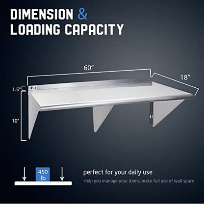 Profeeshaw NSF Stainless Steel Shelf 18” x 60”, Commercial Wall Shelving | 450 lb, Wall Mounted Metal Shelves, with Backsplash and 3 Brackets, for Restaurant, Bar, Utility Room, Kitchen and Garage - size: 18"x60"
