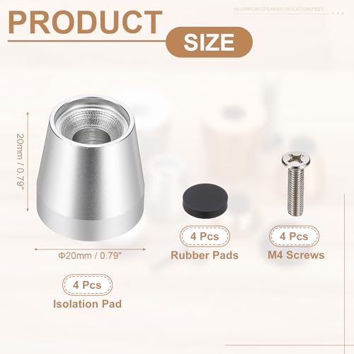 MECCANIXITY 4Pcs Speaker Isolation Pad Feet, 20x20mm Shockproof Aluminum Alloy Vibration Isolation Speaker Shock Base Pad Cone Base with Screws & Rubber Pads for Audio Equipment, Silver - color: Silver, size: 20x20mm
