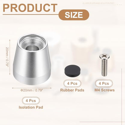 MECCANIXITY 4Pcs Speaker Isolation Pad Feet, 20x20mm Shockproof Aluminum Alloy Vibration Isolation Speaker Shock Base Pad Cone Base with Screws & Rubber Pads for Audio Equipment, Silver - color: Silver, size: 20x20mm