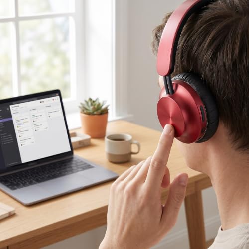 Wireless Headphones Over Ear, with Brushed Metal Design (Red) | Over The Ear Headset with Foldable, Stereo Breathing Light, 16H Playtime for Travel Home Office Cellphone PC - color: Red