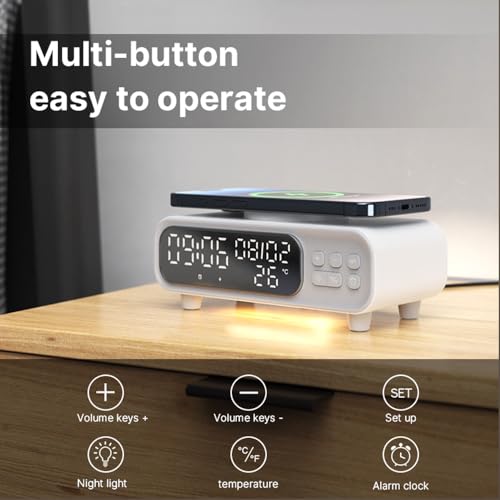 IHAO 5in1 Alarm Clock with Wireless Charging Night Light 15W Fast Charger for Phone and Headphone, LED Digital Display with Date & Temperature, Dimmable for Bedroom & Office-D15 Clock White - color: Wireless Charger Alarm Clock D15 Clock White