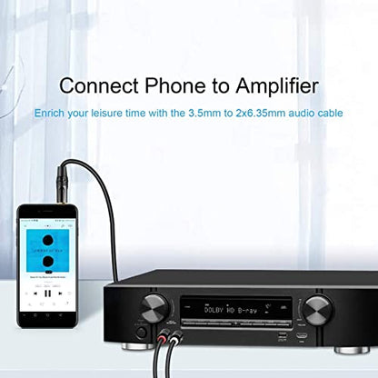 CableCreation 3.5mm to Dual 6.35mm Y Splitter 1/8 TRS to 1/4 TS Patch Cable | 1/4'' to 1/8'' Stereo Mono Breakout Bidirectional Audio Cable for iPhone, PC, Sound Card, Mixer, Speaker,Guitar, Amplifier - size: 6Feet