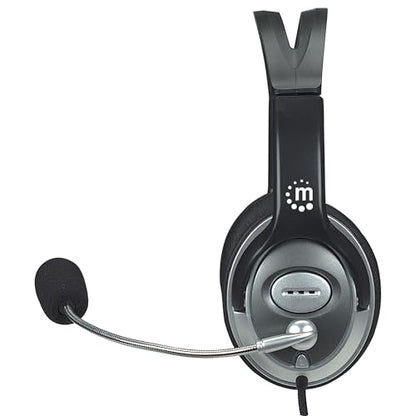 MANHATTAN Wired Stereo Headset with Mic, 3.5 mm Plug, 8 ft Cable | Over-ear fit with padded earcups, adjustable band and boom, pop-noise reduction, 32-ohm audio for calls and gaming