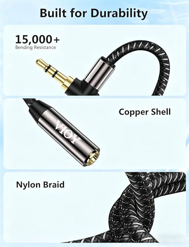 VIOY 3.5mm Male to Female Headphone Extension Cable Right Angle 2 Pack 6FT | 90 degree plug for narrow space, Hi-Fi lossless audio; extends 3.5mm TRS jack for headphones, phones, speakers and car stereo - size: 6FT+6FT