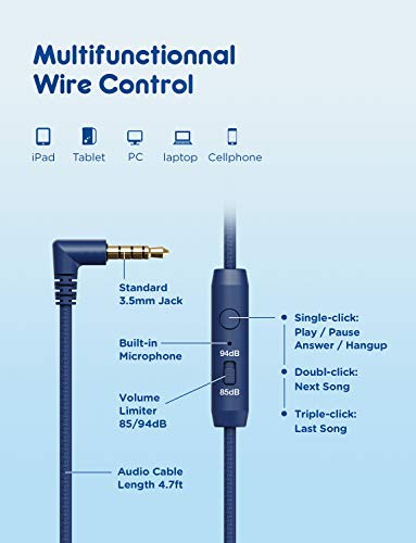 iClever HS14 아동용 유선 헤드폰, 라이트 블루, 85dB 볼륨 리미터, 스테레오 사운드, 내장 마이크, 3.5mm 오디오 잭 호환, 173.9g(6.5온스) | SafeSound Tech, 스테레오 사운드, 접이식, 오버 이어 유아용 헤드폰, 어린이/학교/태블릿/여행용 내구성 있는 헤드폰 - color: 라이트 블루