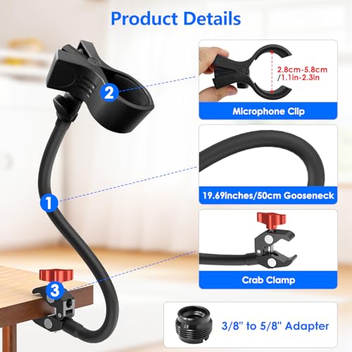Gooseneck Microphone Stand, 19.69" Adjustable Mic Clip with 3/8" to 5/8" Adapter, Heavy Duty Metal Super Crab Desk & Pole Clamp Mic Holder Compatible with Shure/Fifine/AT2020/Pyle/Blue Snowball/Razer