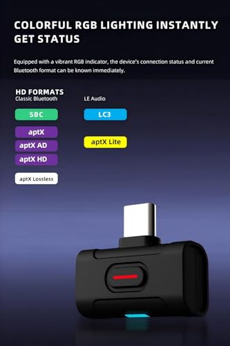 KGUSS xDuoo MX-C1 Hi-Res Bluetooth 5.4 Transmitter USB-C - Support SBC/aptX/aptX HD/aptX Adaptive/LE-AUDIO/LC3/aptx Lite, Low Latency Bluetooth Adapter for PC/Phone/Tablets/PS5/Switch