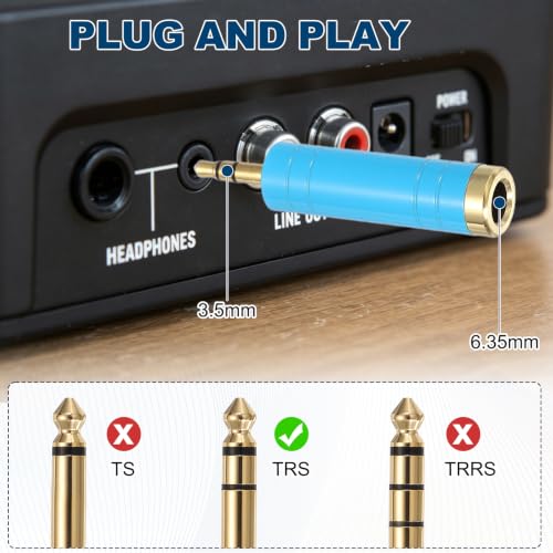 MECCANIXITY 2Pcs TRS 3.5mm Male to 6.35mm Female Stereo Headphone Adapter, 1/8" Plug to 1/4" Jack Pure Copper Audio Converter Gold Plated for Guitars Speakers Laptops, Blue/Red - color: Blue/Red