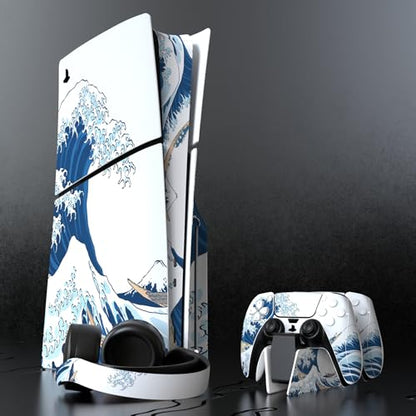 PlayVital Full Set Skin Sticker for ps5 Slim Console Disc Edition (The New Smaller Design), Vinyl Skin Decal Cover for ps5 Controller & Headset & Charging Station - The Great Wave Off Kanagawa - color: The Great Wave off Kanagawa