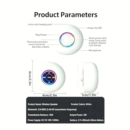 Mini Bluetooth Shower Speaker White, Silicone Suction Cup Portable Speaker with LED Lights, IPX4 Waterproof, Built in Mic, for Bathroom Kitchen Outdoors, Ideal Gifts (White) - color: White